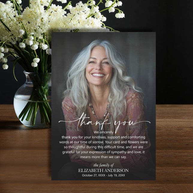 Simple Funeral Photo Tack Kort (Funeral Thank You Card with your message printed over your loved one's photo, default size 3.5" x 5")