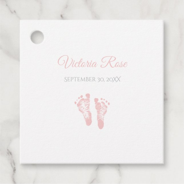 Simple Girl Birth Memento Precious Rosa Footprint Gåvor Etiketter (Framsida)