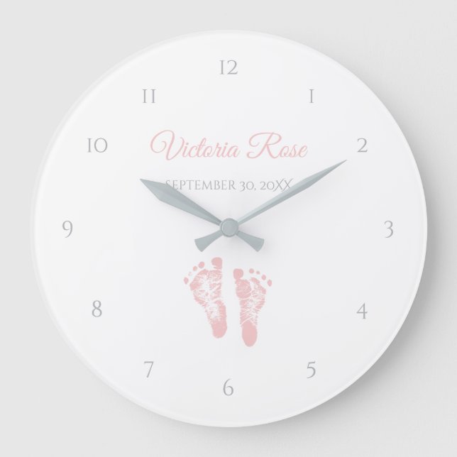 Simple Girl Birth Memento Precious Rosa Footprint Stor Klocka (Framsida)