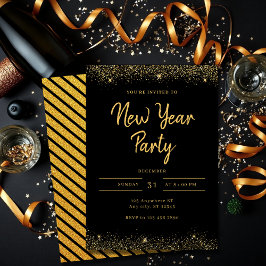 Simple Gold and Black Sparkle New Year Party Inbjudningar