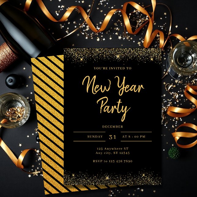 Simple Gold and Black Sparkle New Year Party Inbjudningar (Skapare uppladdad)