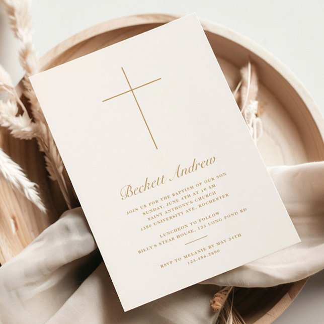 Simple Gold Cross Script Baptism Inbjudningar (Elegant, simple cross gold baptism invitations.)