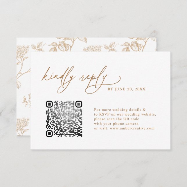 Simple Gold Floral QR code Wedding RSVP Cards OSA Kort (Fram/baksida)