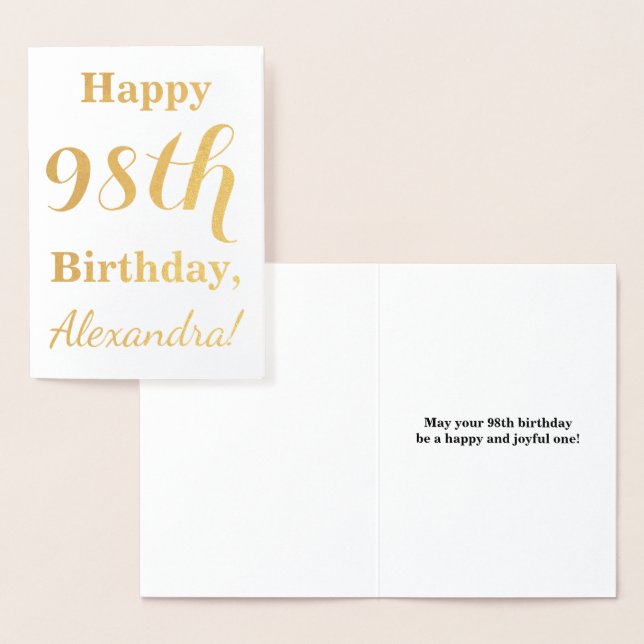 Simple Gold Foil "LYCKLIG 98th BIRTHDAY" + Namn Folierat Kort (Display)