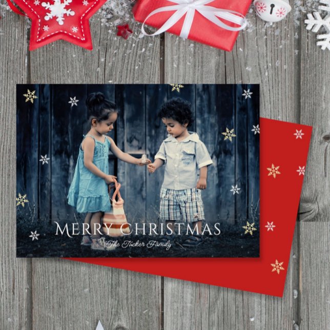 Simple Gold Snowflakes Flat Photo Christmas Card Julkort (Skapare uppladdad)