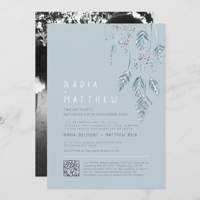 Simple grass and berries dusty blue sketch photo inbjudningar (Fram/baksida)