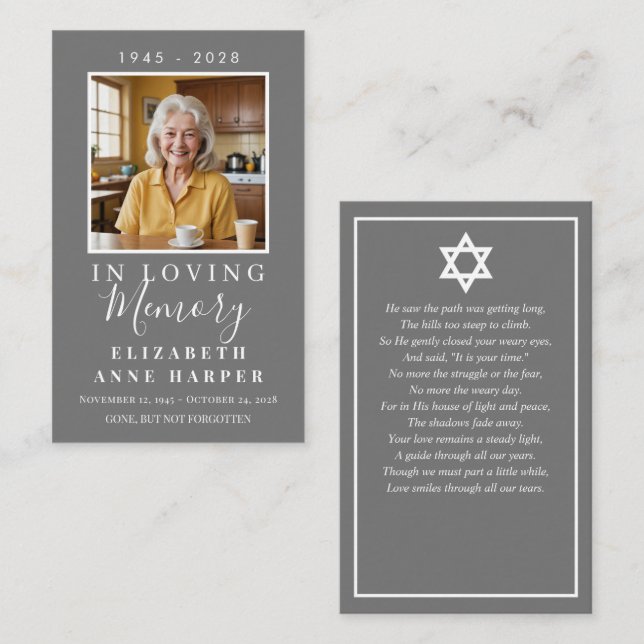 Simple Gray Jewish Funeral Photo Prayer Card Visitkort (Fram/baksida)