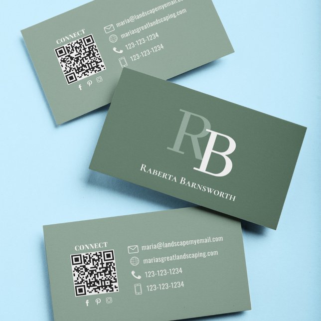 Simple Green Monogram QR Code | Connect with Me Visitkort (Green and white monogram QR code business card.)
