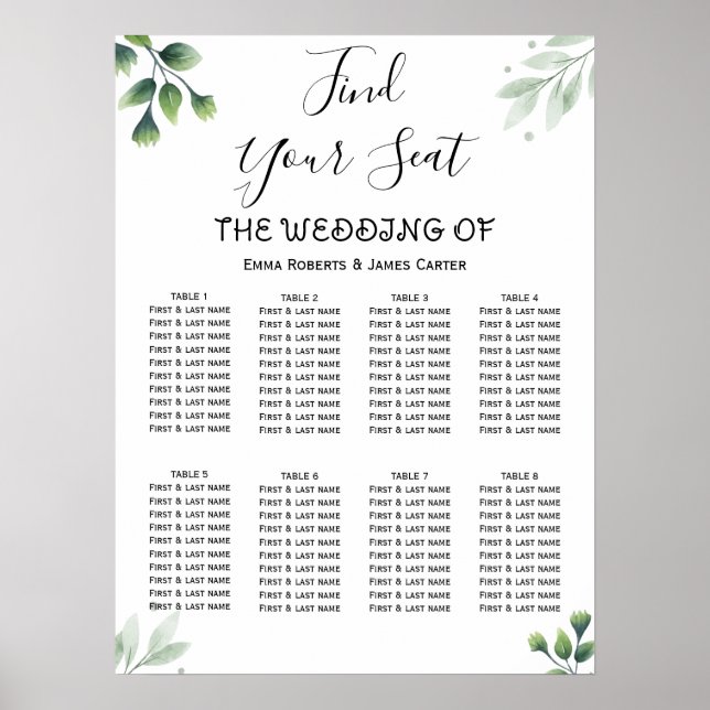 Simple Greenery Elegant Wedding Seating Chart Poster (Framsidan)