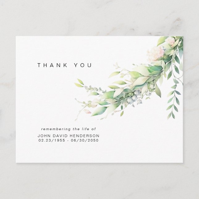 Simple Greenery Funeral Loss of Life Thank You Vykort (Framsida)