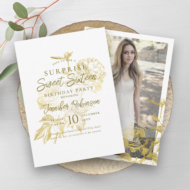 Simple Guld Blommigt Photo SURPRISE Sweet 16 Inbjudningar (Simple Gold Floral Photo SURPRISE Sweet 16 Invitation)