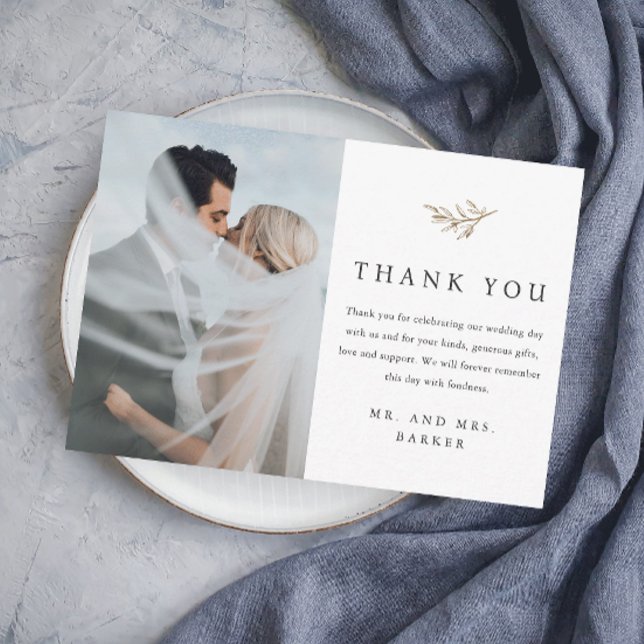 Simple Guld Gren Photo Bröllop Tack Kort (Elegant simple wedding photo thank you card with minimal greenery leaves gold branch detail.)