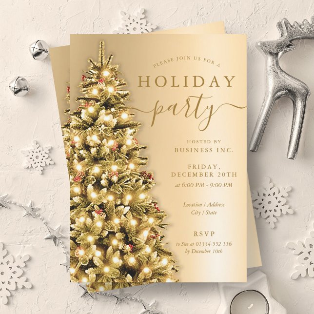 Simple Guld Julgran Company Julfest Inbjudningar (Simple Gold Christmas Tree Company Holiday Party Invitation)