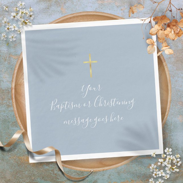 Simple Guld Kor Baptism Christening Dusty Blue Pappersservett (Simple Gold Cross Baptism Christening Dusty Blue Napkins)