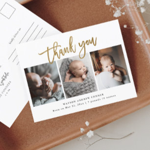 Simple Guld Script 3 Photo Baby Tack Vykort