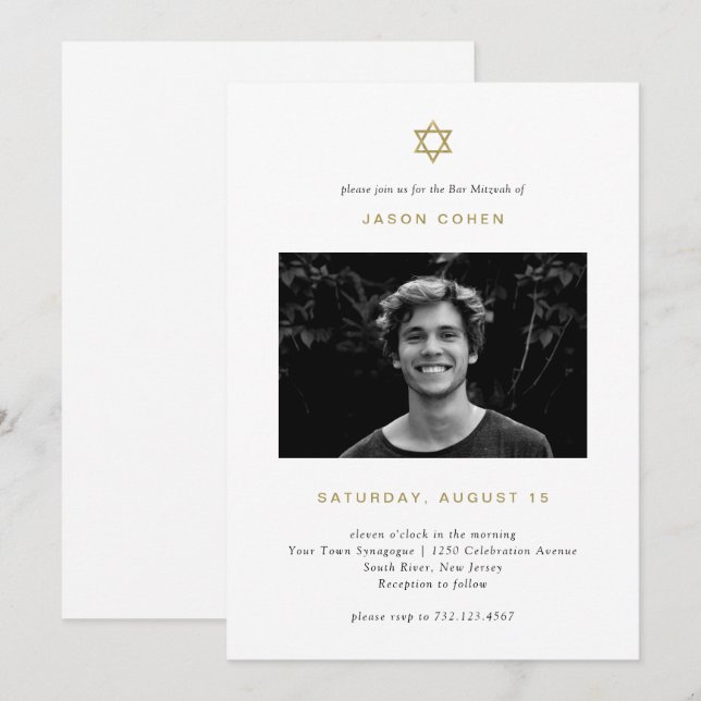 Simple Guld Star of David | Photo Pub Mitzvah Inbjudningar (Fram/baksida)