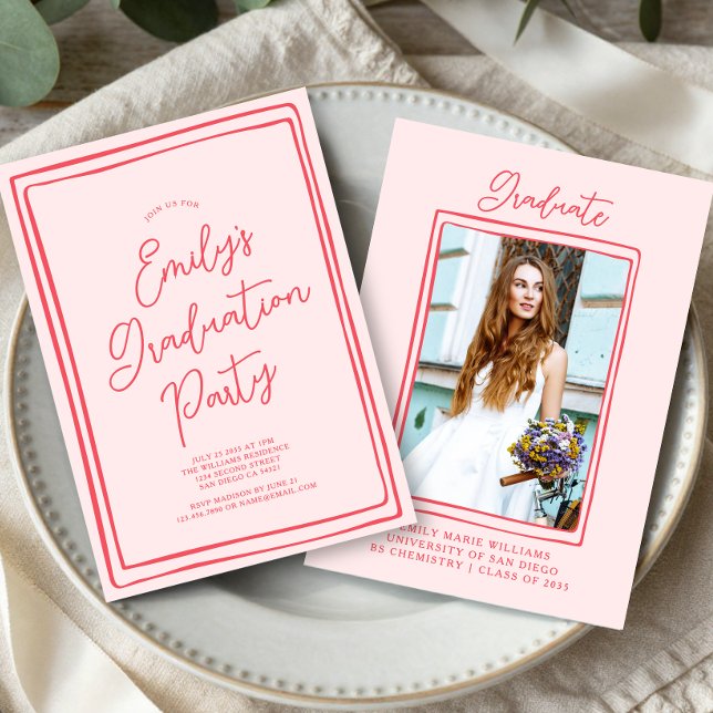 Simple Hand Drawn Graduation Party Photo Pink Inbjudningar (Skapare uppladdad)