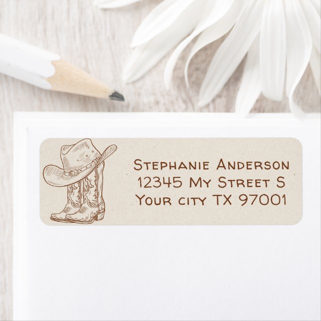 Simple Hand Drawn Western Cowboy Boots Hat Country Returadress Etikett (Insitu)