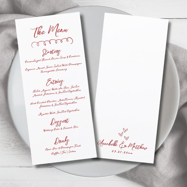 Simple Hand plockade Red Whimsical Bröllop Meny (Simple Hand Draw Red Whimsical Wedding Menu)