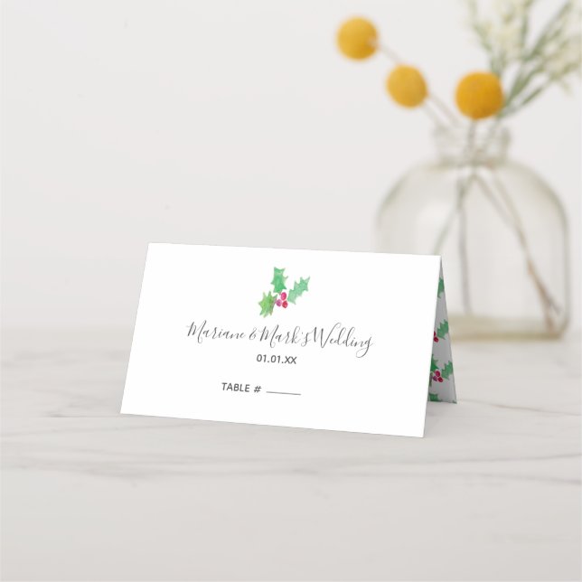Simple Hand Watercolor Red Holly Berry jul Placeringskort (Framsida)