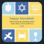 Simple Hanukkah Icons Sticker Fyrkantigt Klistermärke<br><div class="desc">Detta klistermärke användor Hanukkahs ikoner för att förmedla varmt önskemål. De ljusblå och guld färg-surroundikonerna för en dröm, menorah och kopp, bland andra till ram, ert budskap. Underbart som kuvertförseglingar eller för att fästa på helgdag paket eller gåvor. Finns i alternativ färg med matchande produkter. com com com com com...</div>