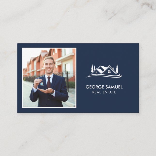 Simple Home Logo Navy Blue Realtor, Real Estate Visitkort (Framsida)