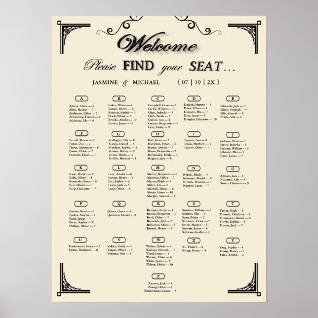 Simple Ivory Alphabetical Wedding Seating Chart Poster (Framsidan)