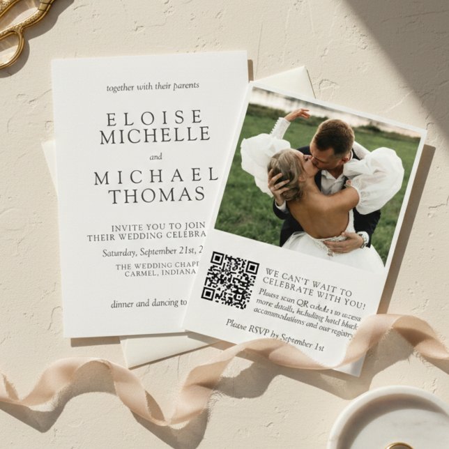 Simple Ivory Photo Classic QR Code Wedding Inbjudningar (Simple Ivory Photo Classic QR Code Wedding Invitation)