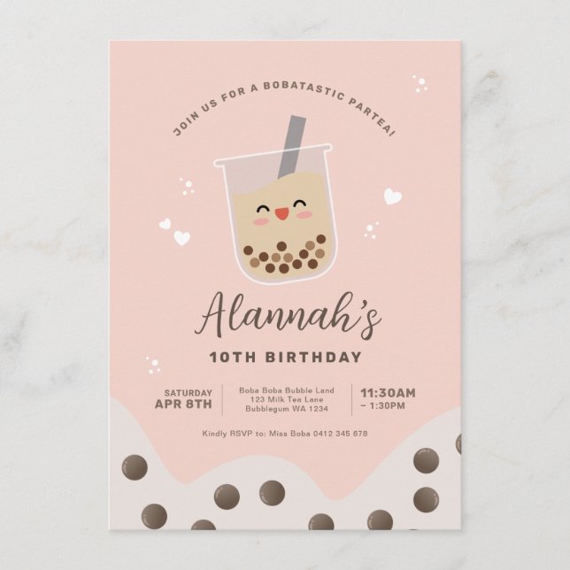 Simple Kawaii Boba Bubble Mjölk Tea Rosa Birthday Inbjudningar (Framsida)