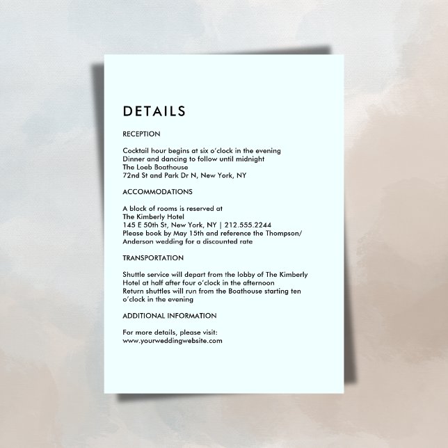 Simple Light Blue Wedding Details  Tilläggskort (Simple Light Blue Wedding Details Enclosure Card)