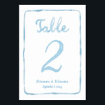 Simple Light Blue White Hand plockade Bordsnummer<br><div class="desc">Bordsnummer-kort för Anpassningsbar! Varje kort har en enkel, vismisk, handdragen, ljusblå ram på en pristilt vit bakgrund, med en originalskrift med "bord" och personlig namn och datum. Det som gör dessa kort verkligt magiska är deras reversibla utformning: ljusblå på ena sidan och vit på den andra, så att du kan...</div>