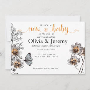 Simple Line Art Terracotta Poppies Baby Shower Inbjudningar