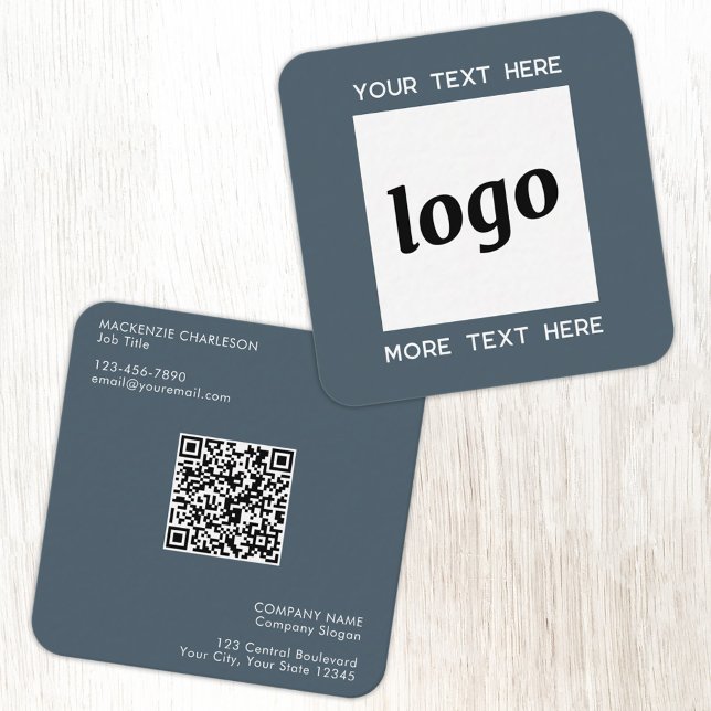 Simple Logo and Text QR Code Charcoal Gray Fyrkantigt Visitkort (Simple logo with QR code custom text business branding promotional charcoal gray business card)