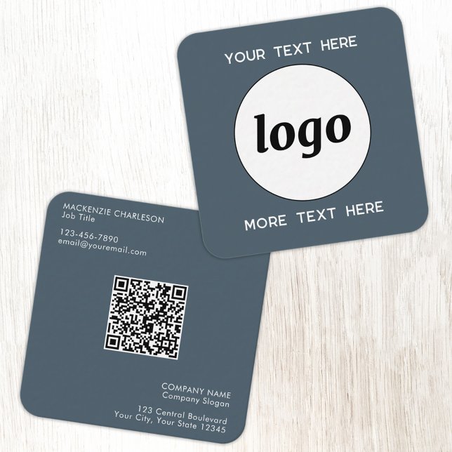 Simple Logo and Text QR Code Charcoal Gray Fyrkantigt Visitkort (Simple logo with QR code custom text business branding promotional charcoal gray business card)