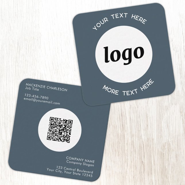 Simple Logo and Text QR Code Charcoal Gray Fyrkantigt Visitkort (Simple logo with QR code custom text business branding promotional charcoal gray business card)