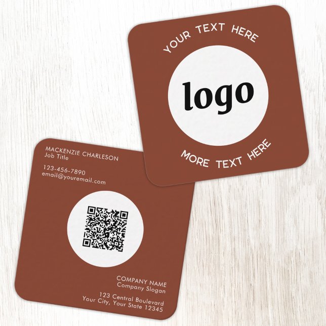 Simple Logo and Text QR Code Terracotta Fyrkantigt Visitkort (Simple logo with custom text QR code business branding promotional terracotta square business card)