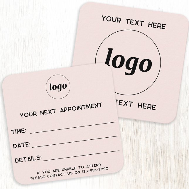 Simple Logo Appointment Card Blush Pink Fyrkantigt Visitkort (Modern minimalist blush pink business appointment card with custom logo and text)
