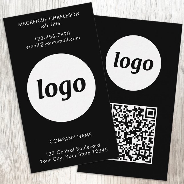 Simple Logo Text QR Code Vertical Black Visitkort (Simple logo with custom text and QR code business branding promotional vertical black business cards)