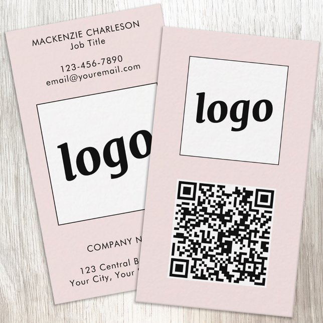 Simple Logo Text QR Code Vertical Blush Pink Visitkort (Simple logo with custom text and QR code business branding promotional vertical pink business cards)