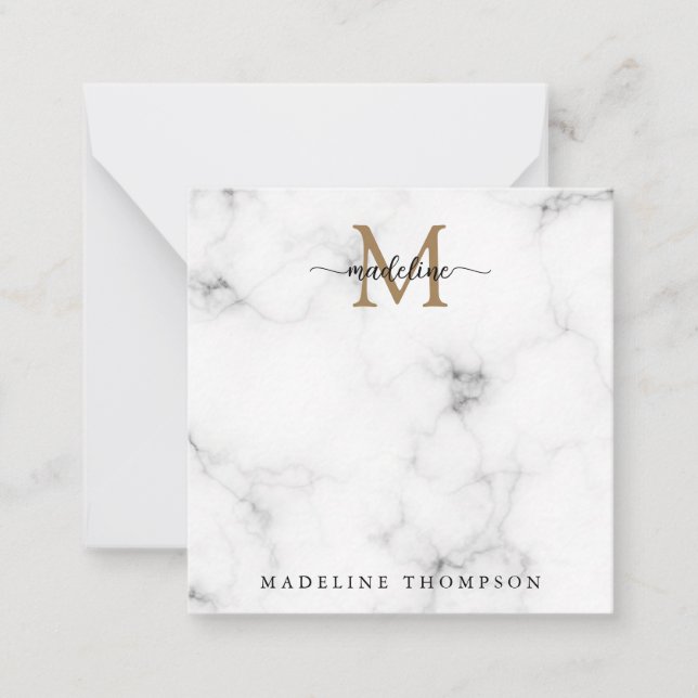 Simple Marble Gold Girly Script Monogram Square Anteckningskort (Framsida)