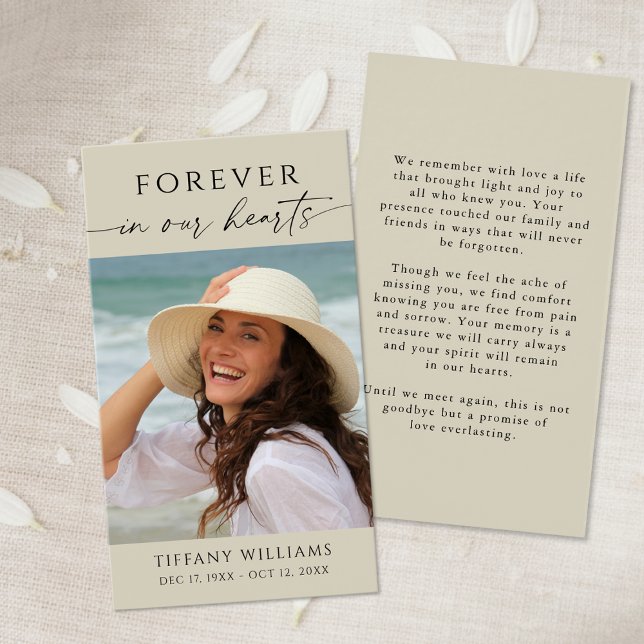 Simple Memorial Photo Forever Hearts Prayer Card Visitkort (Skapare uppladdad)