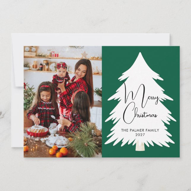 Simple Merry Christmas Pine Tree family photo Julkort (Framsida)