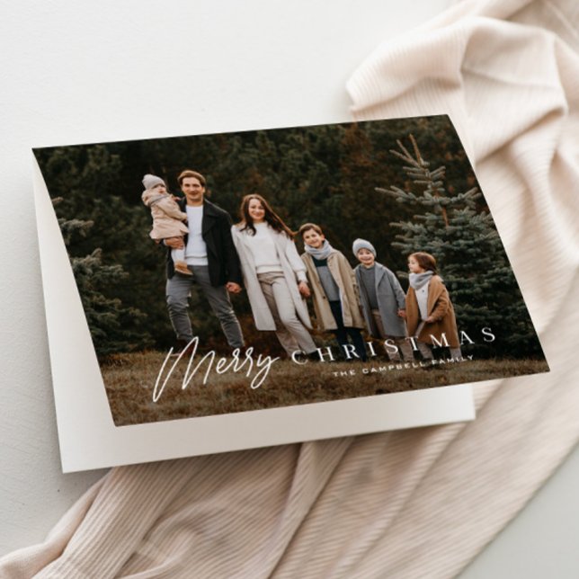 Simple Merry Script 3 Photo jul Helgkort (Elegant Type Overlay 3 Photo Christmas Holiday Cards.)