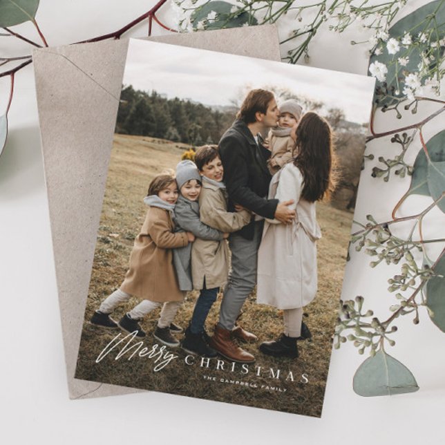 Simple Merry Script 3 Photo jul Julkort (Simple merry christmas script photo christmas holiday cards.)