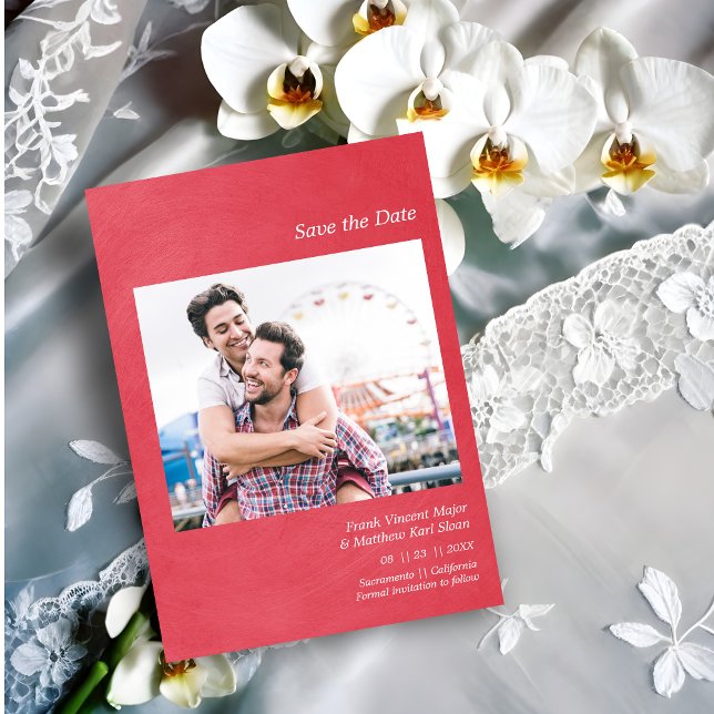 Simple Metallic Effect Engaged Gay Couple Photo Spara Datumet (Simple Wedding Announcement Custom Photo with a Metallic Effect  Save the Date Card.)