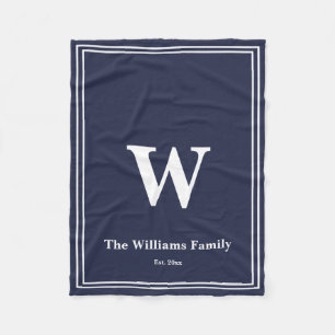 Simple Midnight Blue White Monogram och Namn Fleecefilt
