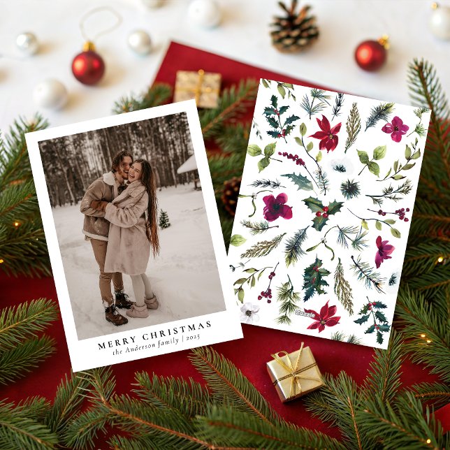 Simple Minimal 1 Photo Botanical Merry Christmas Julkort (Skapare uppladdad)