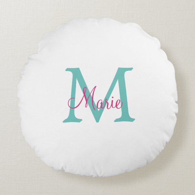 simple minimal add name monogram green pink blue t rund kudde (Framsidan)