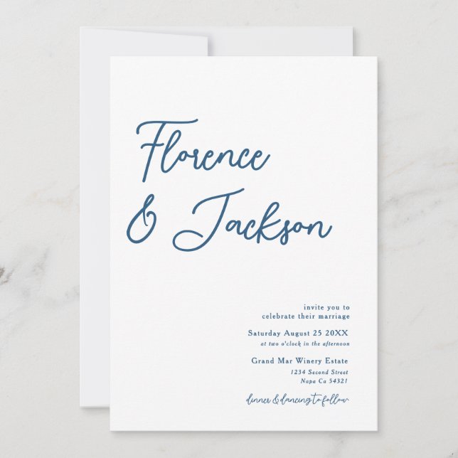 Simple Minimal Handwritten Wedding Photo Blue  Inbjudningar (Framsida)