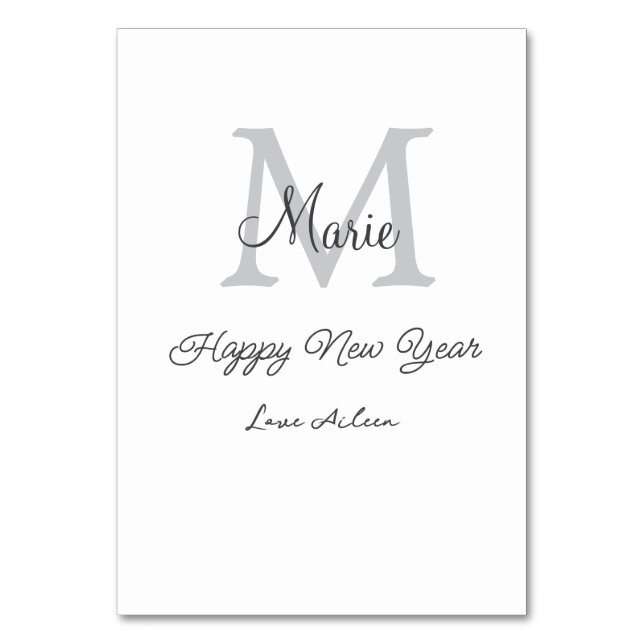 simple minimal happy new year monogram gray name  bordsnummer (Framsidan)